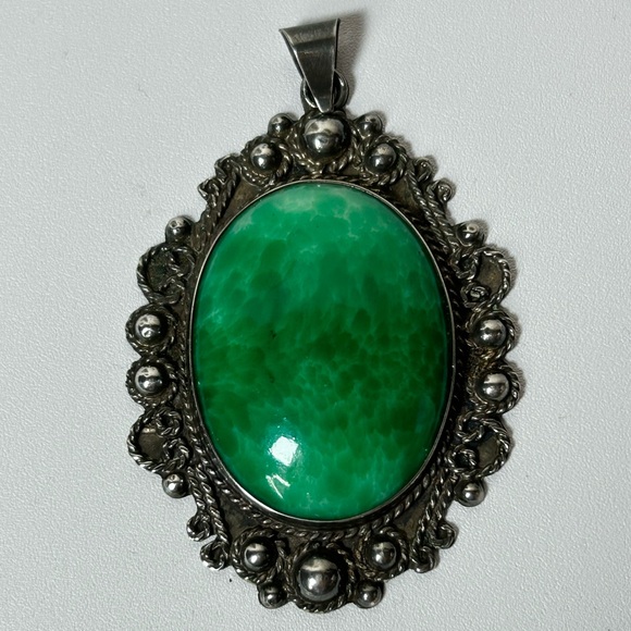 Vintage Large Signed Mexico Taxco Sterling Silver 925 Green Agate Stone - Picture 2 of 7